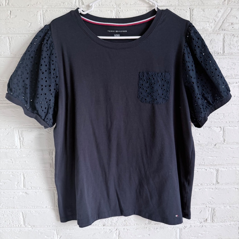 Tommy Hilfiger Women Navy Blue‎ Eyelet Sleeve Pocket T Shirt XL